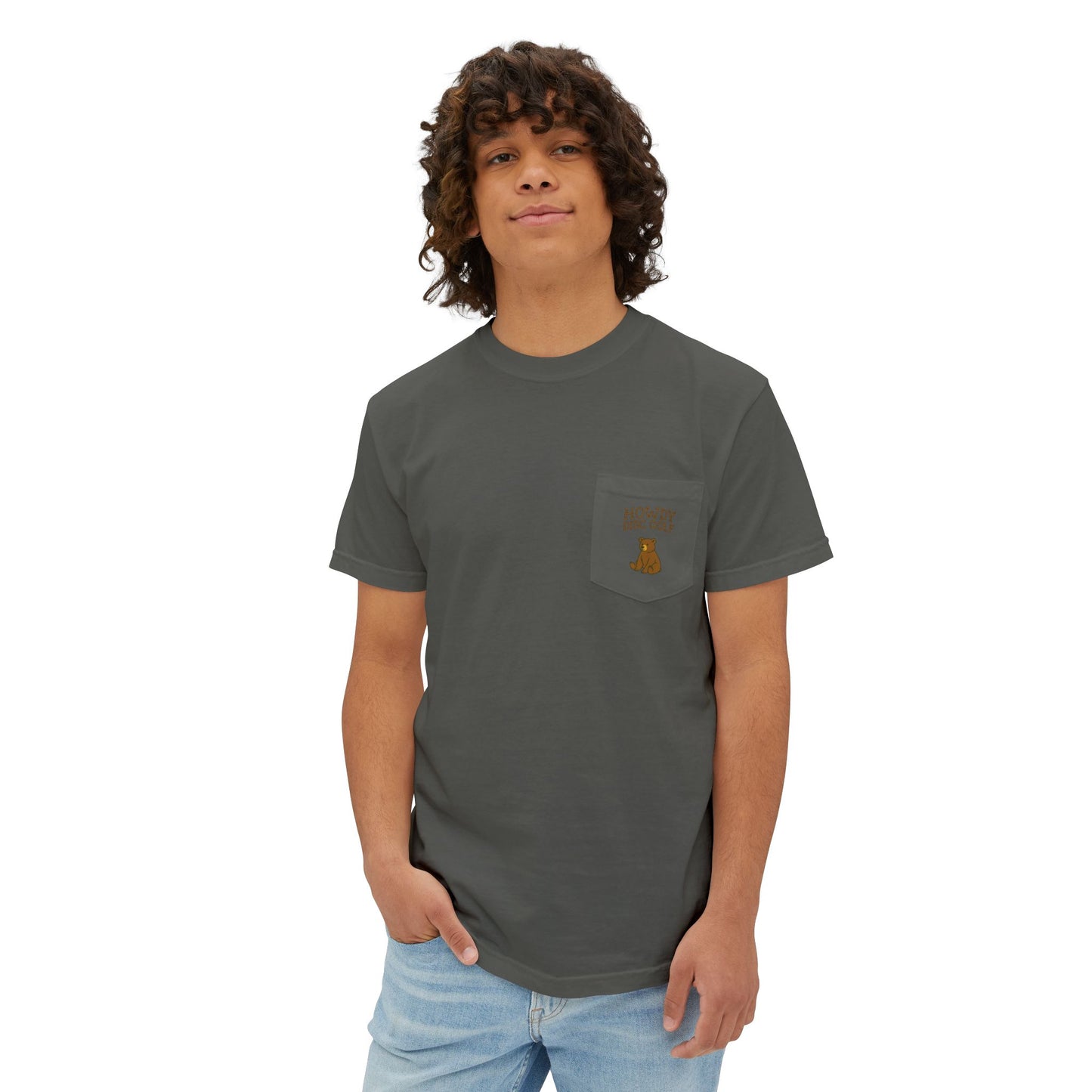 Pocket T-Shirt Playful Bear Hanging Basket Design