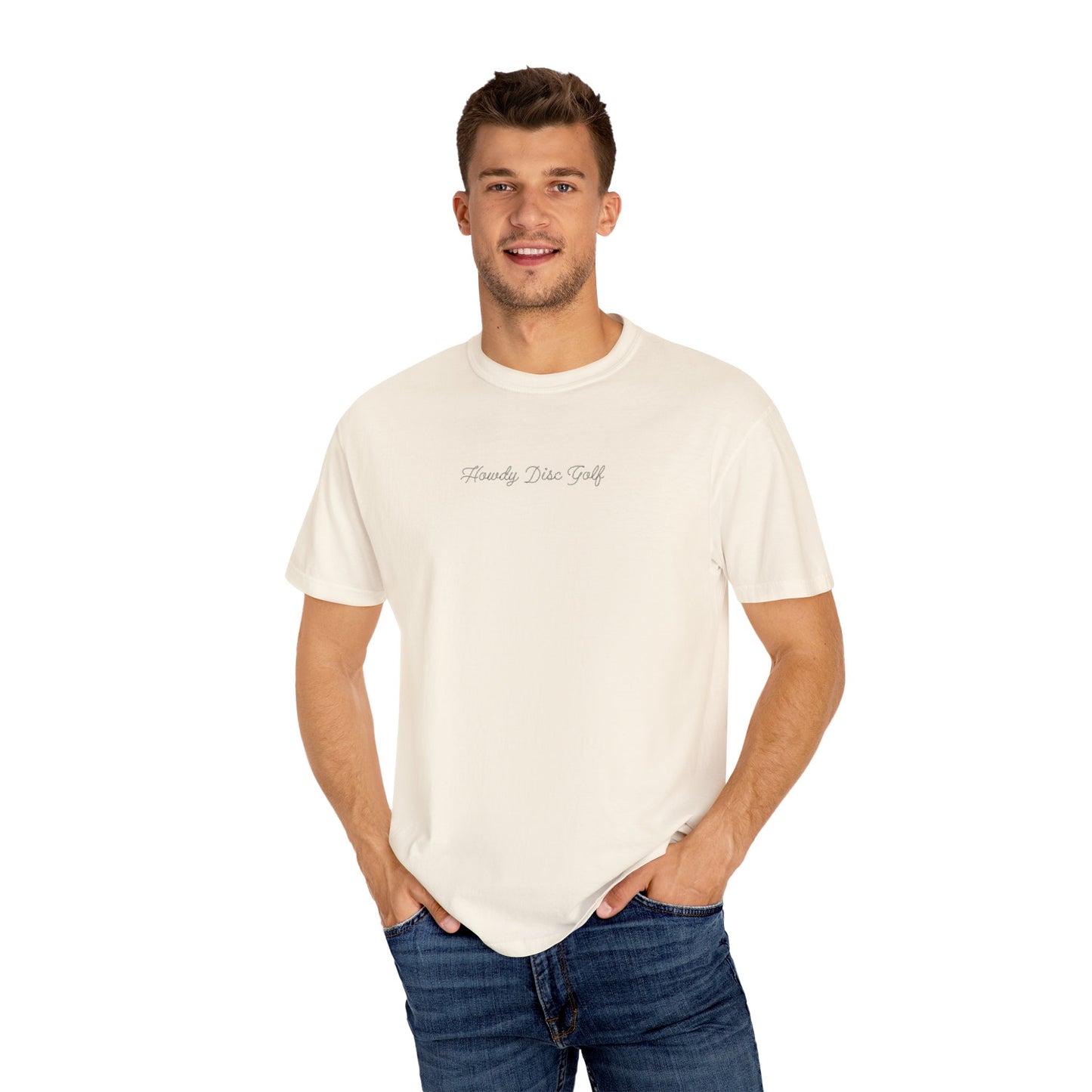 T-Shirt - Playful Bear Hanging from Disc Golf Basket - Howdy Disc Golf - Unisex Garment-Dyed