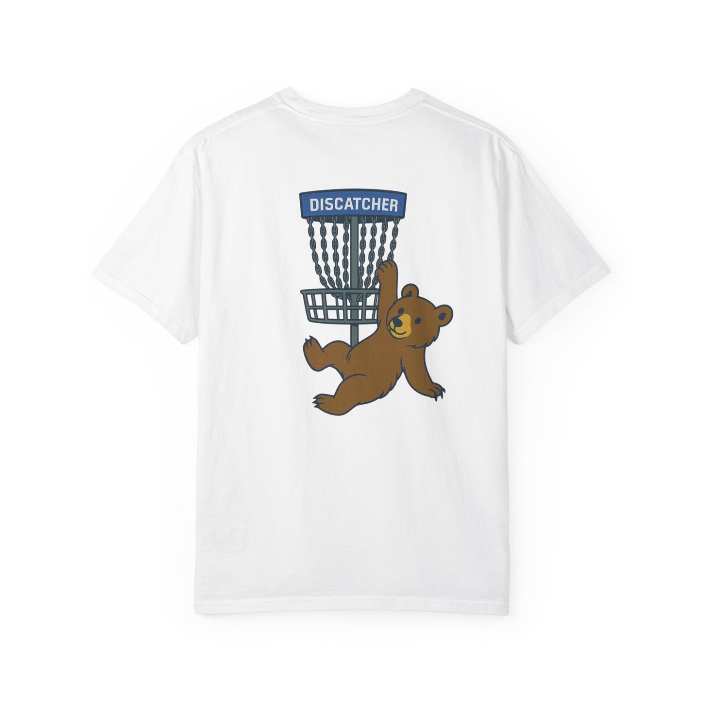T-Shirt - Playful Bear Hanging from Disc Golf Basket - Howdy Disc Golf - Unisex Garment-Dyed
