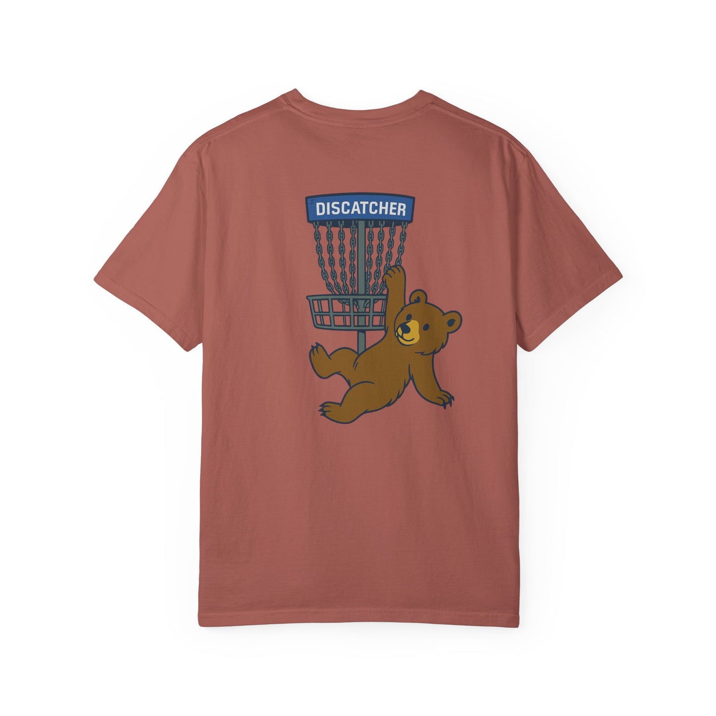 T-Shirt - Playful Bear Hanging from Disc Golf Basket - Howdy Disc Golf - Unisex Garment-Dyed