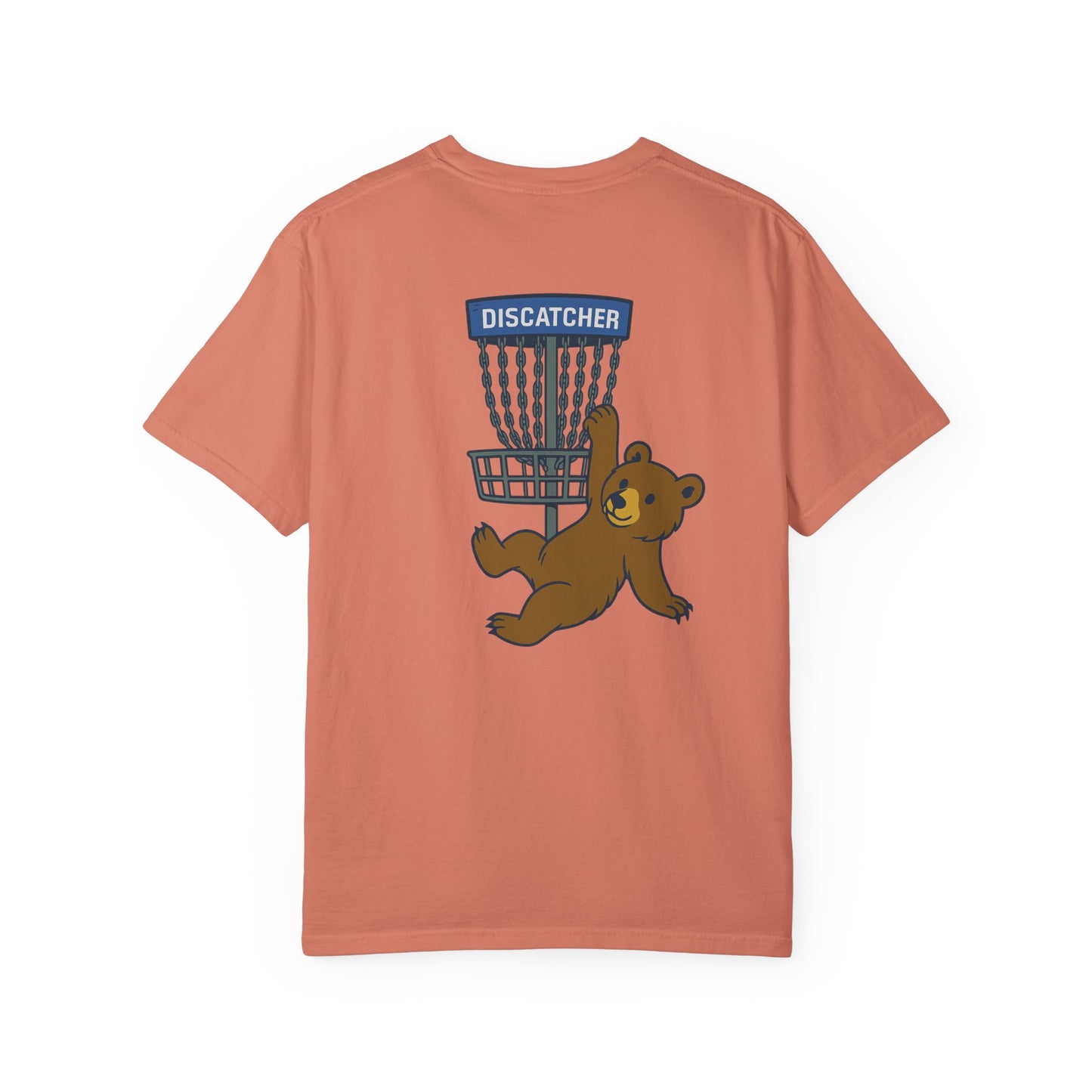 T-Shirt - Playful Bear Hanging from Disc Golf Basket - Howdy Disc Golf - Unisex Garment-Dyed