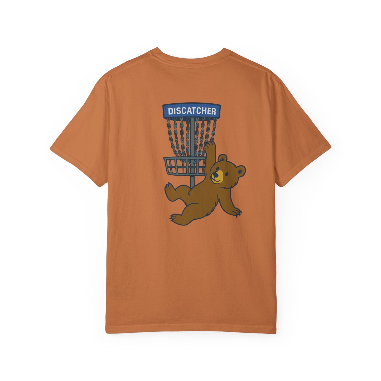 T-Shirt - Playful Bear Hanging from Disc Golf Basket - Howdy Disc Golf - Unisex Garment-Dyed