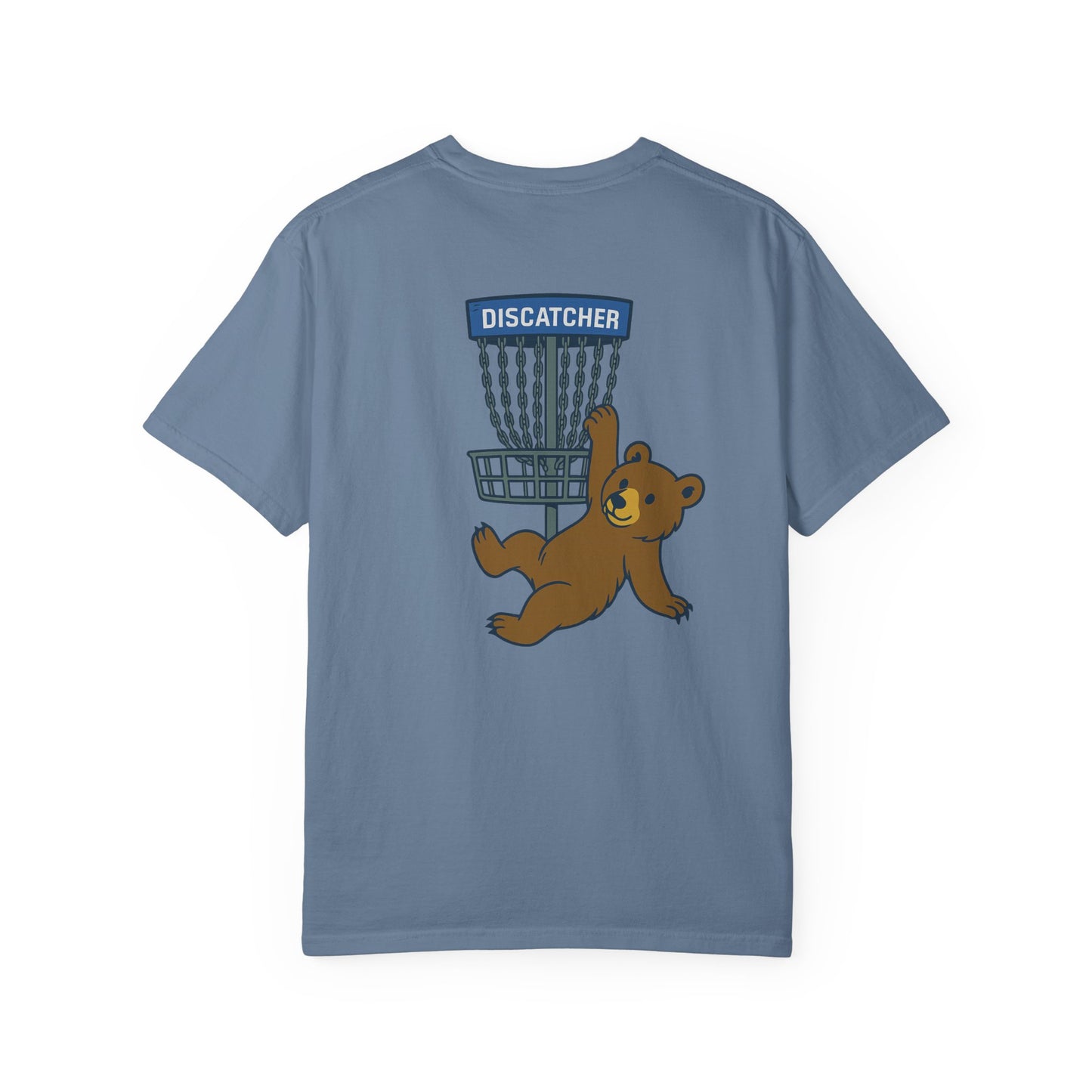 T-Shirt - Playful Bear Hanging from Disc Golf Basket - Howdy Disc Golf - Unisex Garment-Dyed