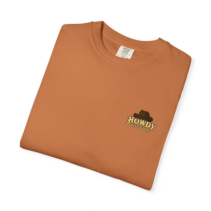 T-Shirt - Playful Bear Hanging from Disc Golf Basket - Howdy Disc Golf - Unisex Garment-Dyed