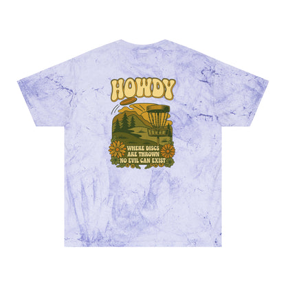 T-Shirt Howdy Disc Golf Tee 'Where Discs Are Thrown, No Evil Can Exist' Tie-Dye Design