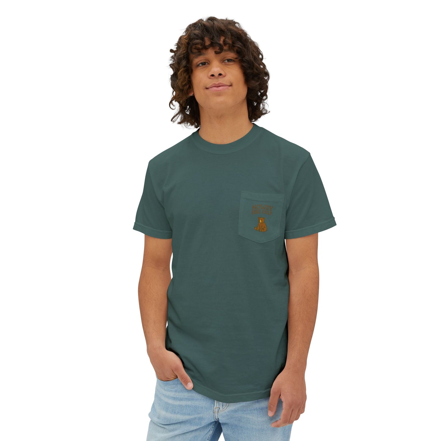 Pocket T-Shirt Playful Bear Hanging Basket Design
