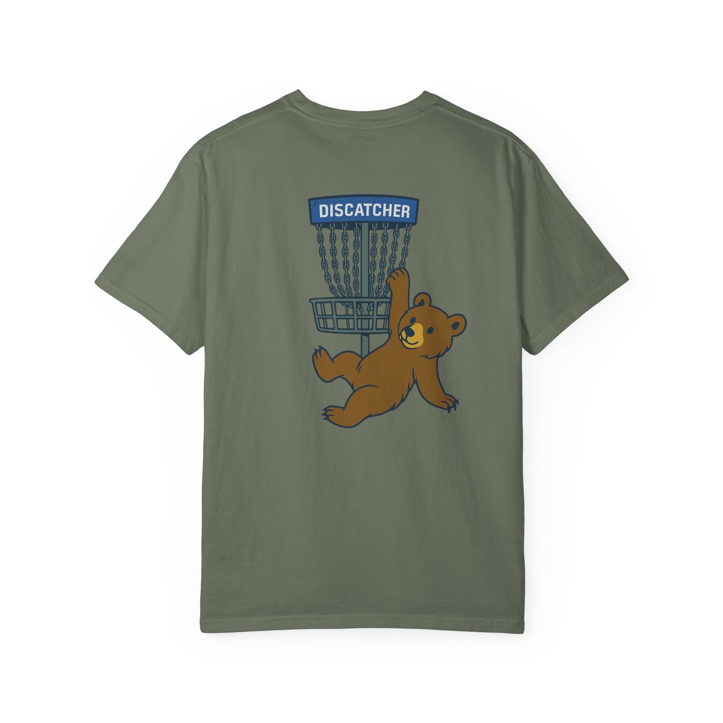 T-Shirt - Playful Bear Hanging from Disc Golf Basket - Howdy Disc Golf - Unisex Garment-Dyed