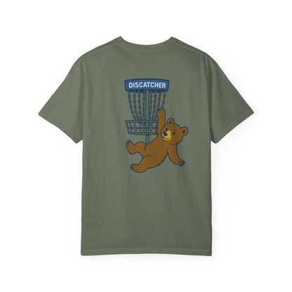 T-Shirt - Playful Bear Hanging from Disc Golf Basket - Howdy Disc Golf - Unisex Garment-Dyed