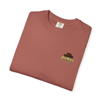 T-Shirt - Playful Bear Hanging from Disc Golf Basket - Howdy Disc Golf - Unisex Garment-Dyed
