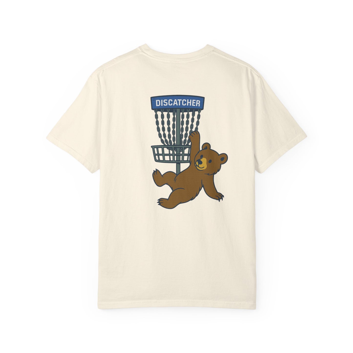T-Shirt - Playful Bear Hanging from Disc Golf Basket - Howdy Disc Golf - Unisex Garment-Dyed