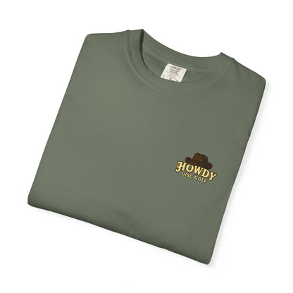 T-Shirt - Playful Bear Hanging from Disc Golf Basket - Howdy Disc Golf - Unisex Garment-Dyed