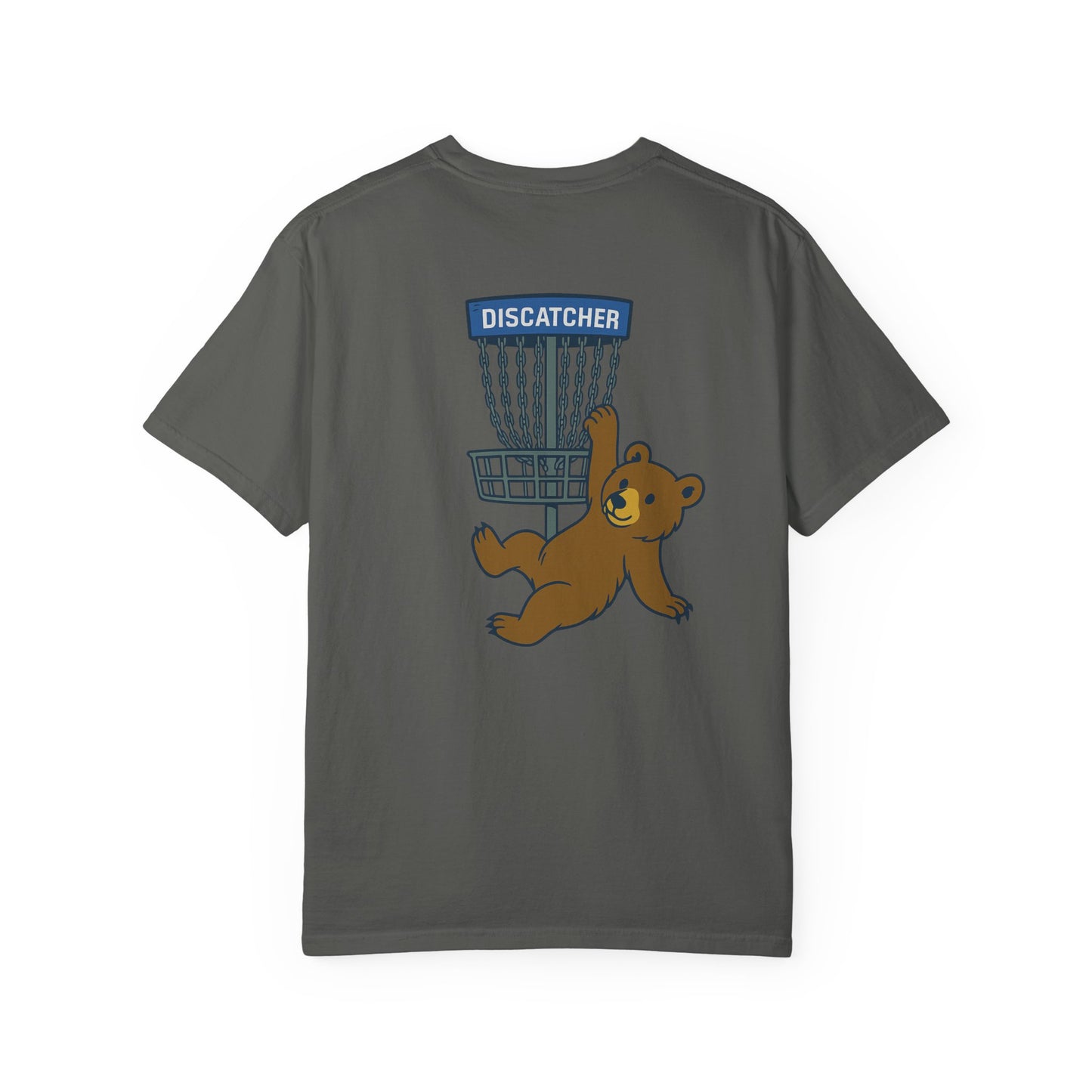 T-Shirt - Playful Bear Hanging from Disc Golf Basket - Howdy Disc Golf - Unisex Garment-Dyed