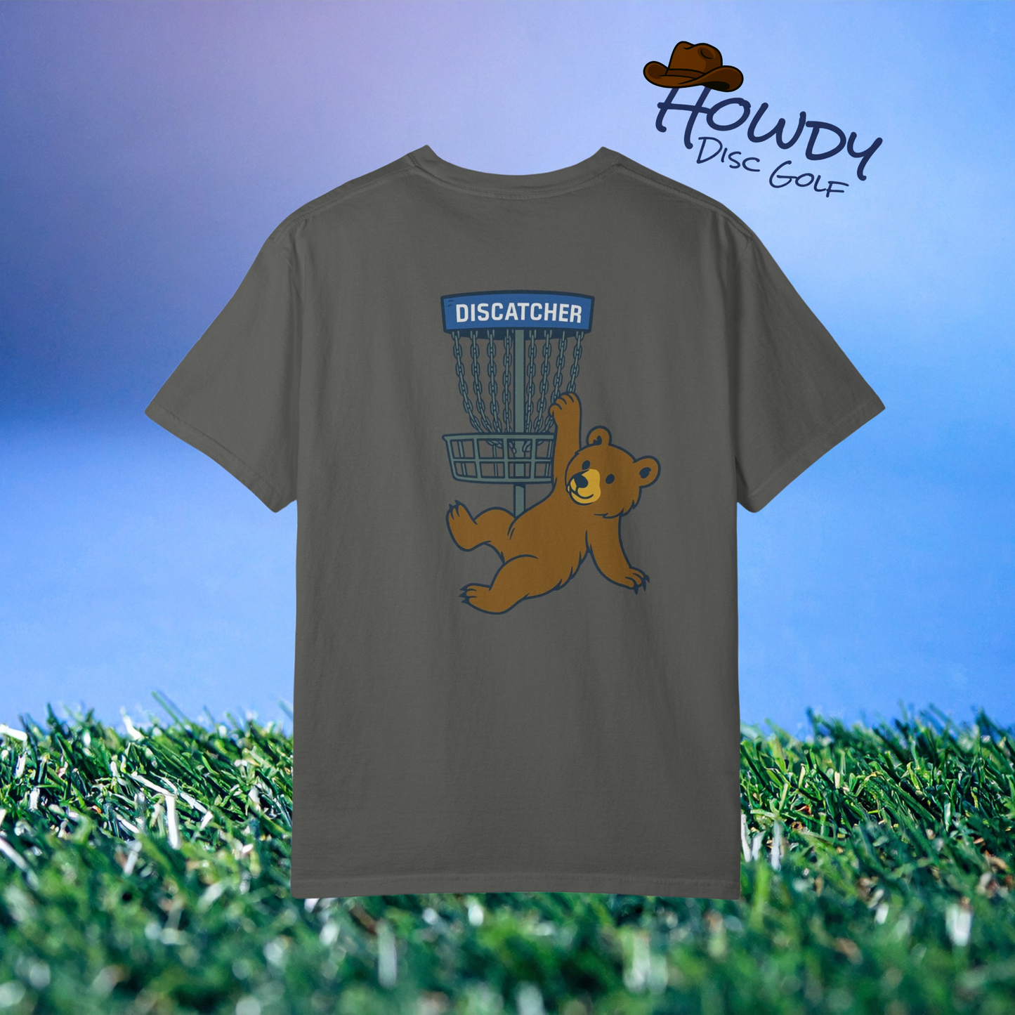 T-Shirt - Playful Bear Hanging from Disc Golf Basket