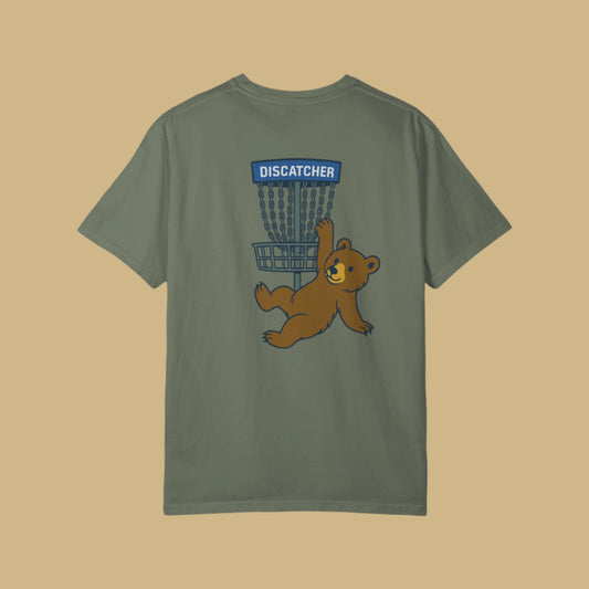 T-Shirt - Playful Bear Hanging from Disc Golf Basket - Howdy Disc Golf - Unisex Garment-Dyed