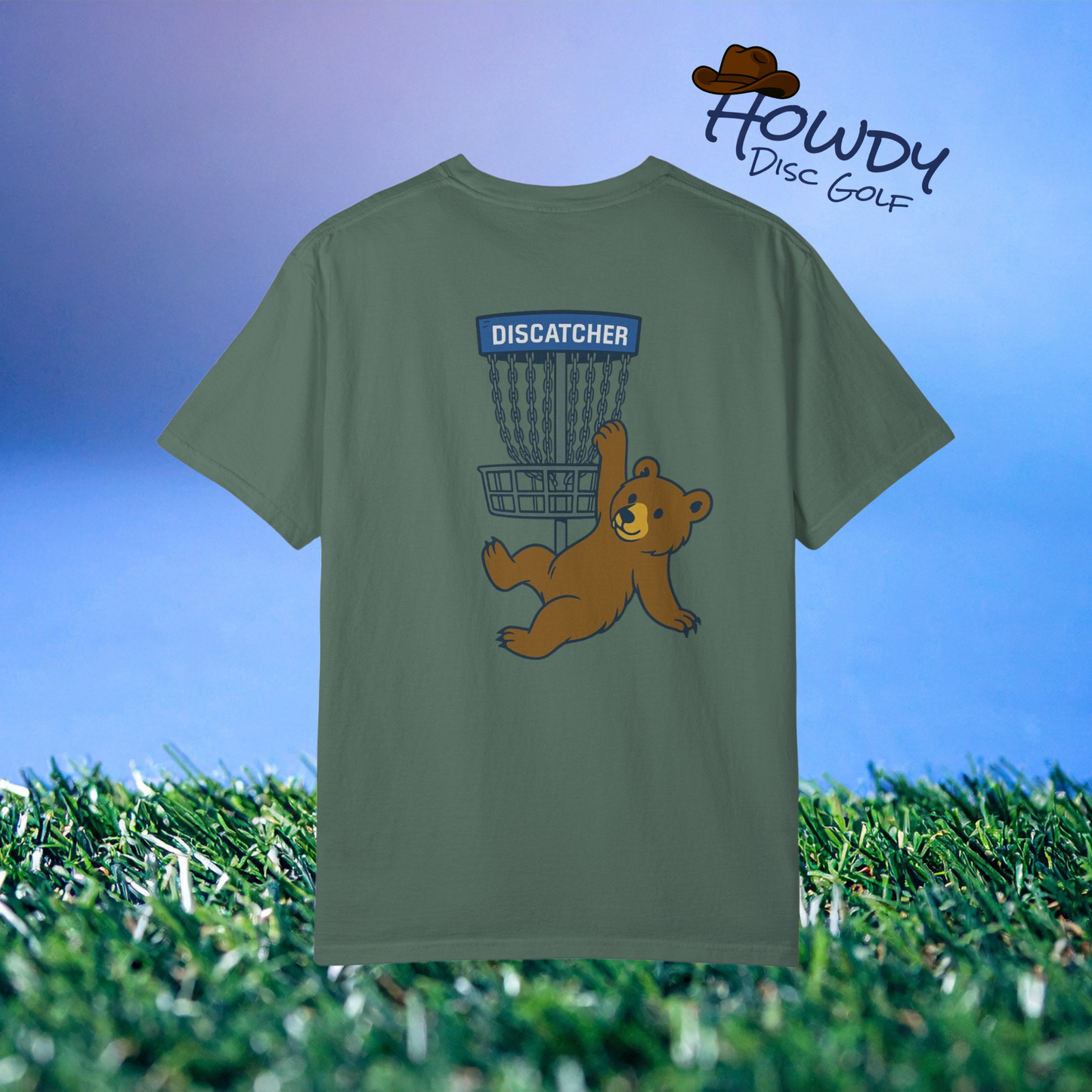 T-Shirt - Playful Bear Hanging from Disc Golf Basket